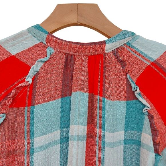 Anthropologie Pilcro Breeze Plaid Blouse Womens XS Red Blue Button Raglan Sleeve - Picture 7 of 12